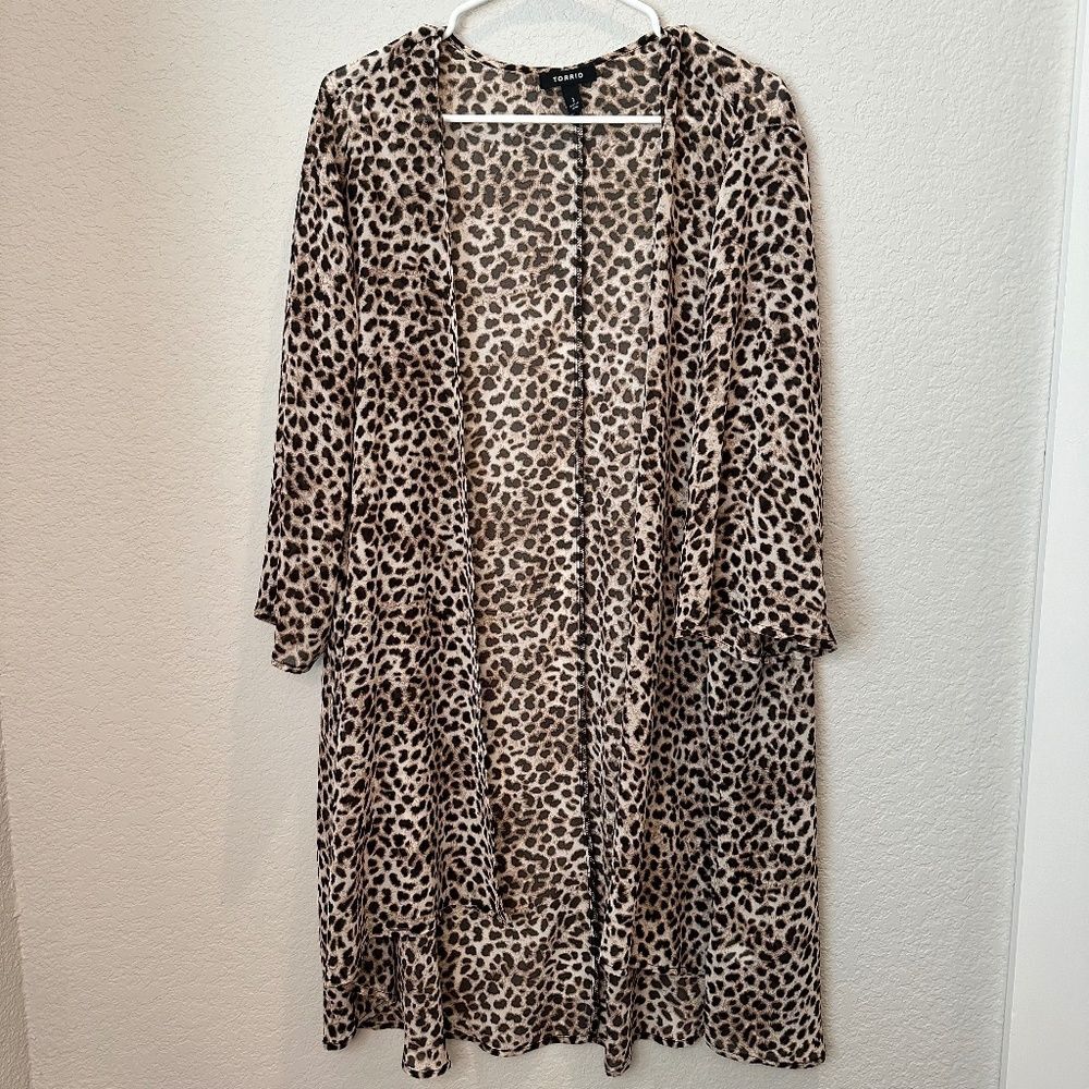 Torrid Brown Animal Print Sheer Flowy 3/4 Sleeve Open Kimono - Size 1X - EUC